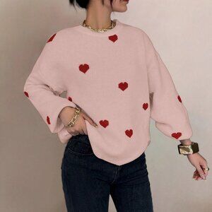 Dusty Pink Casual Women's Valentine Heart Loose-Fit Sweater
